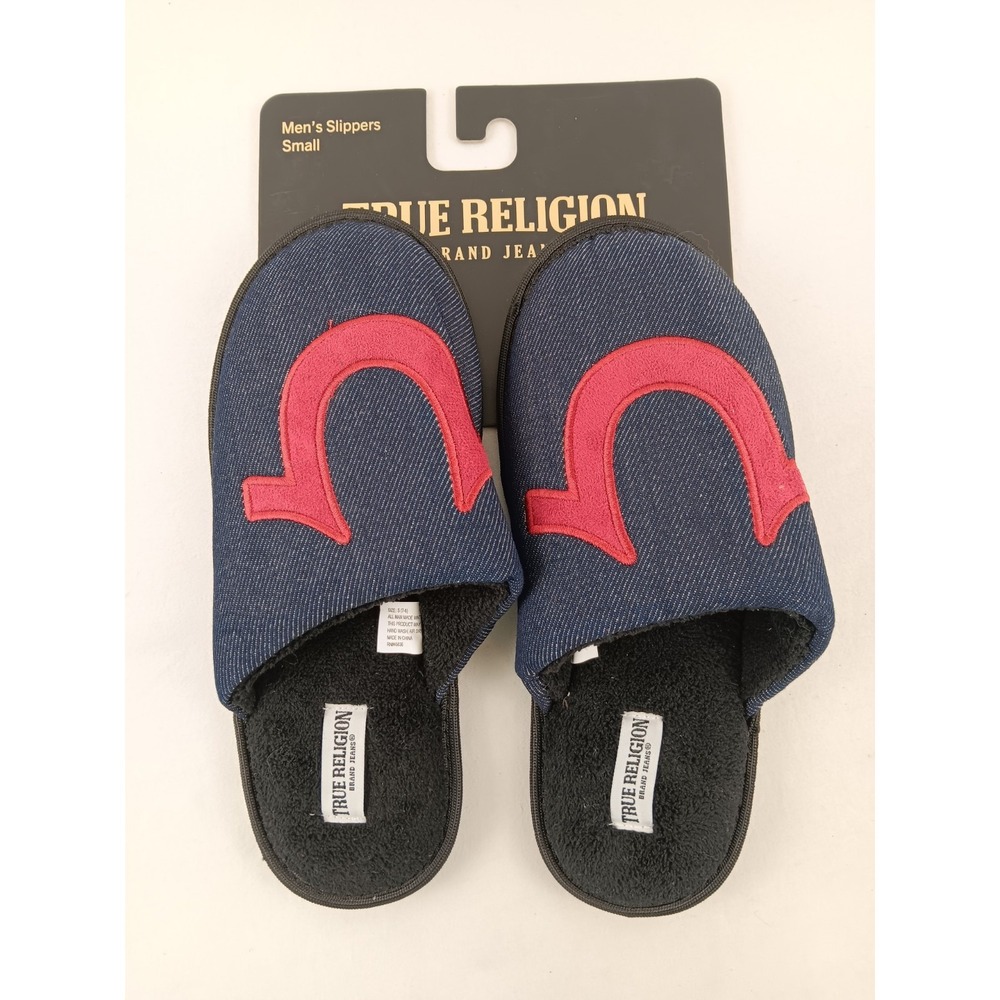 True Religion Horseshoe Slides Slippers Light Blue Denim Black Mens 7-8‎
